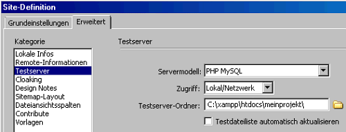 Testserver in Dreamweaver und XAMPP